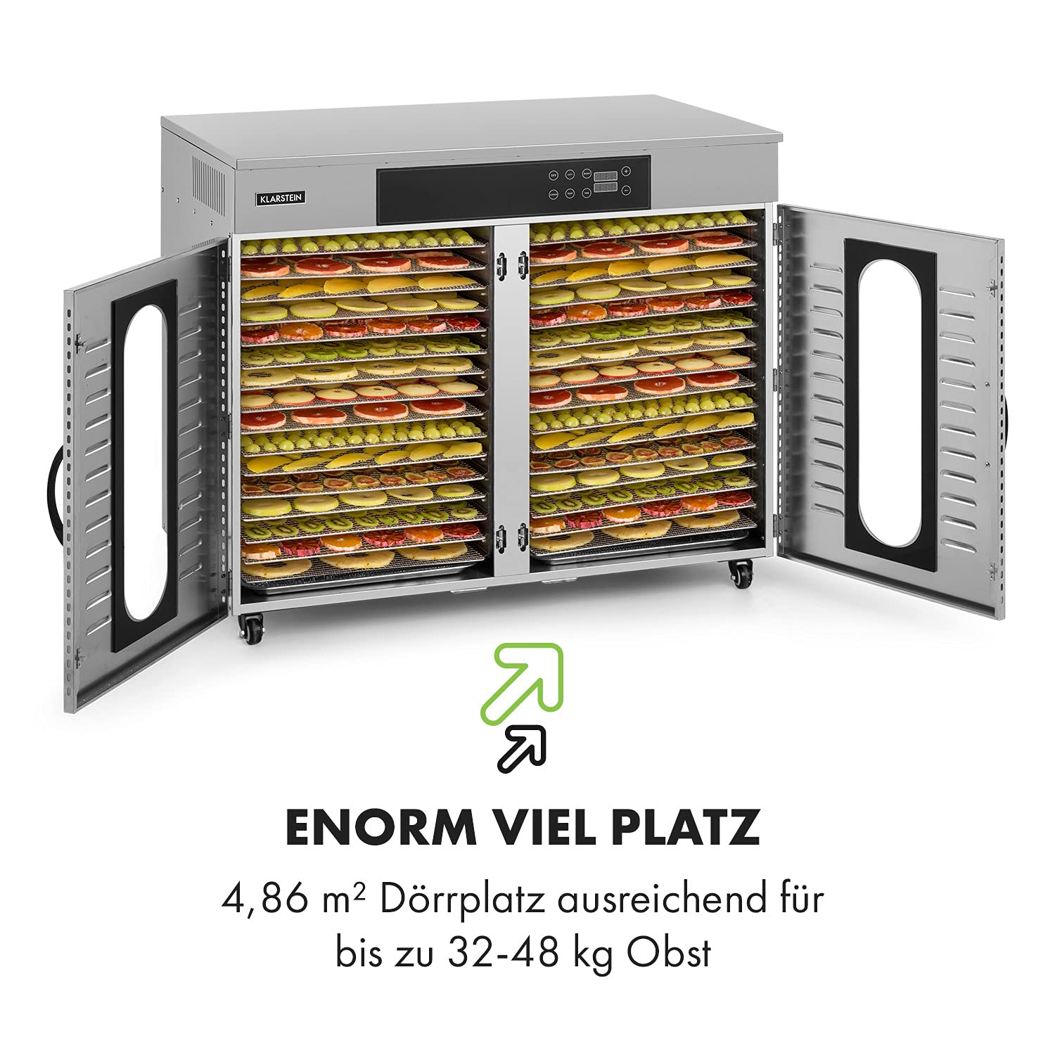 Klarstein Dörrautomat Edelstahl – 4.000-W-Dörrgerät, 48 Edelstahl-Einlegeböden, 30–90 °C, 24-Stunden-Timer, 6 Ventilatoren, 2 Trockenkammern, 50–55 dB, ideal für Obst, Gemüse, Fleisch, Kräuter, Silber