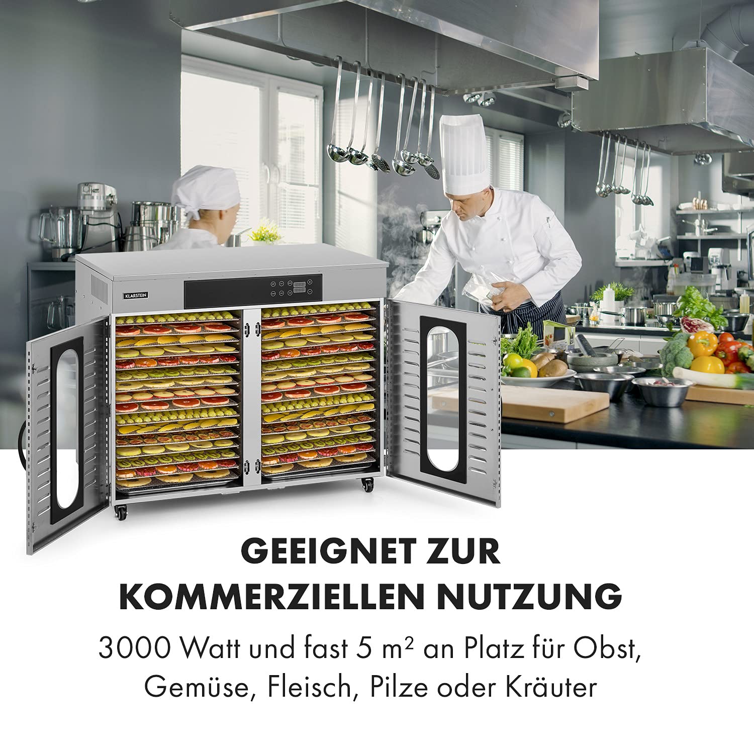 Klarstein Dörrautomat Edelstahl – 4.000-W-Dörrgerät, 48 Edelstahl-Einlegeböden, 30–90 °C, 24-Stunden-Timer, 6 Ventilatoren, 2 Trockenkammern, 50–55 dB, ideal für Obst, Gemüse, Fleisch, Kräuter, Silber