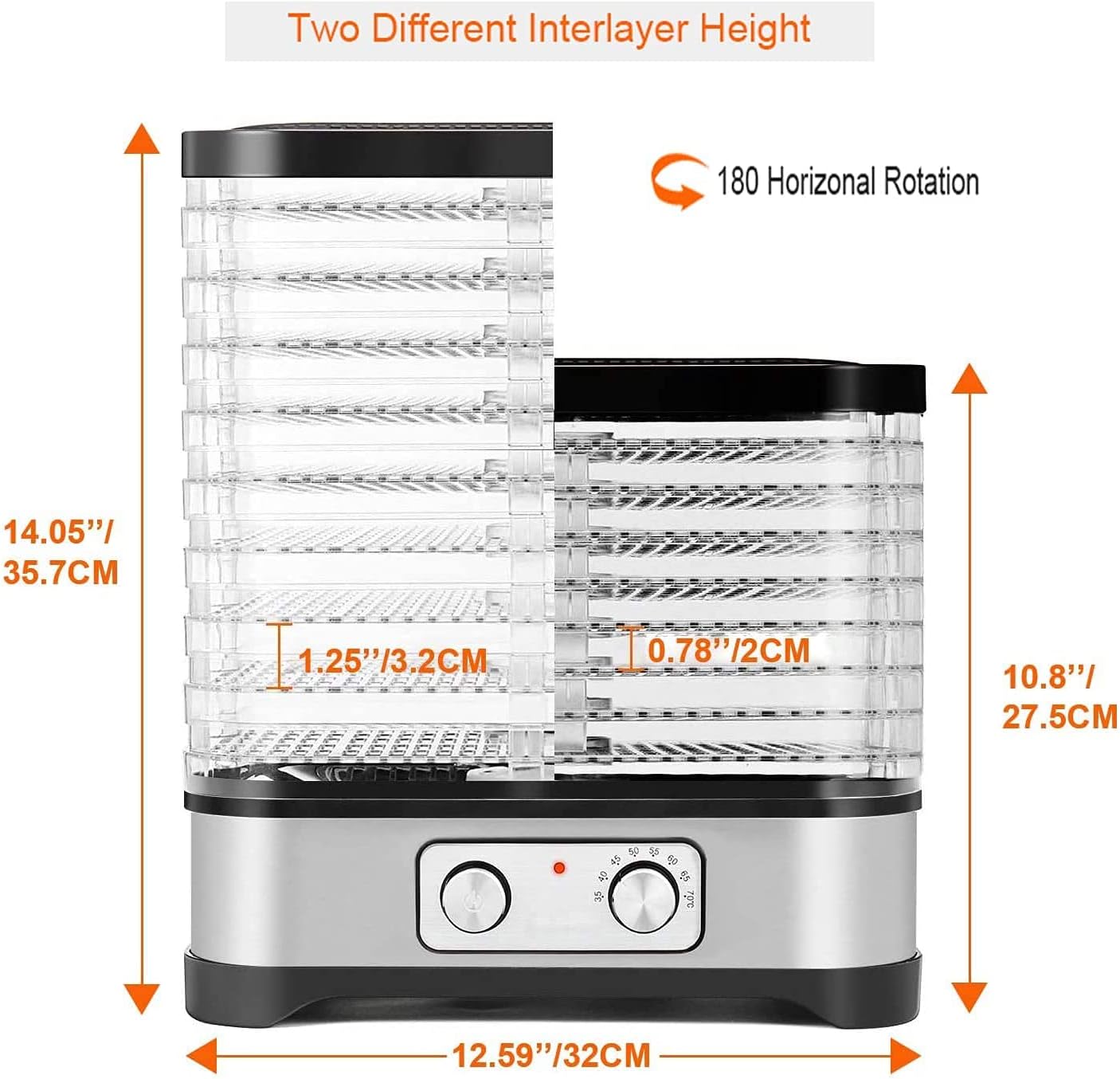 Dehydrator Dehydrator with Temperature Control, 8 Levels Removable Dehydrator, Temperature Control 35-70°C for Meat, Fruits, Vegetables and Nuts, 400 W, Button, BPA-Free