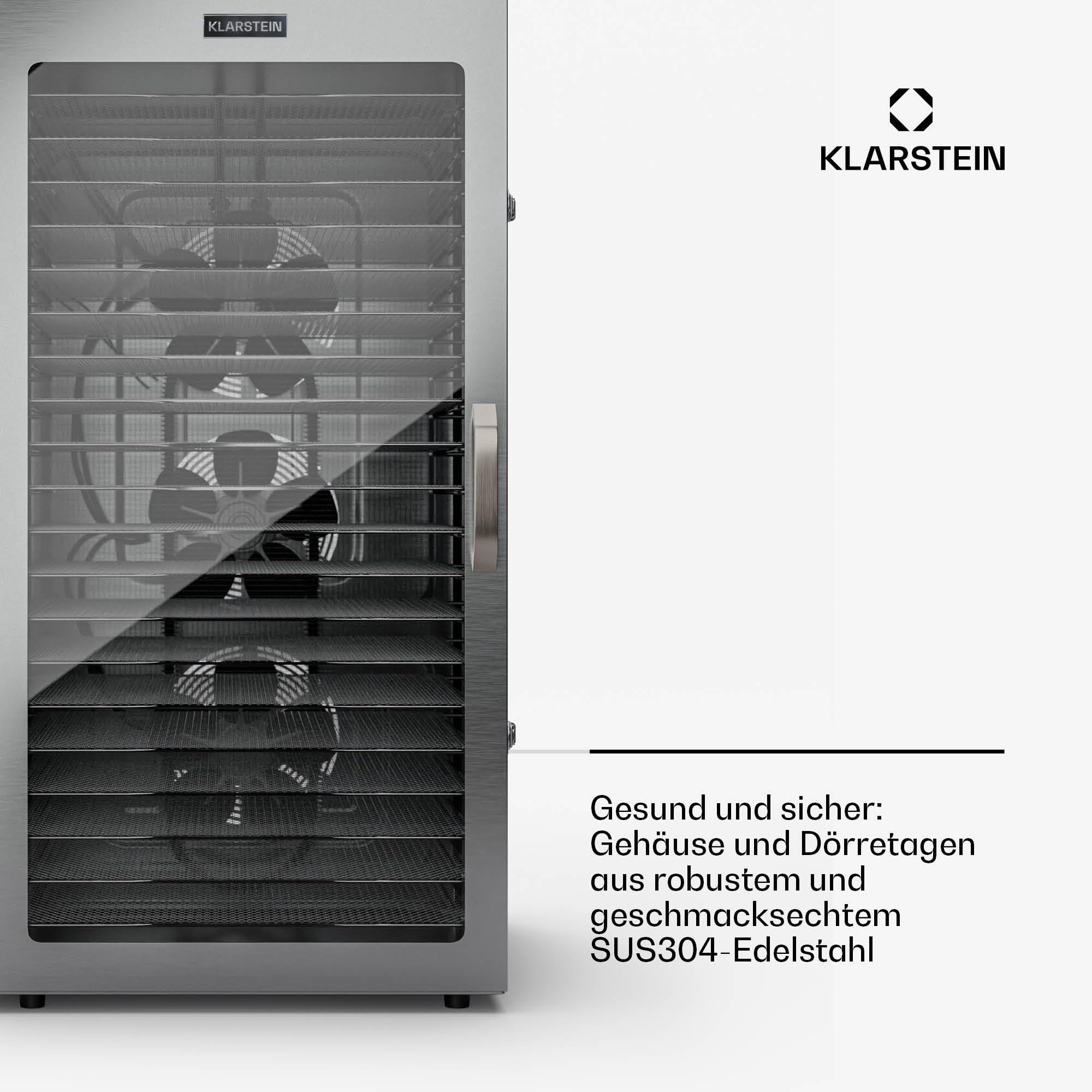Klarstein Dörrgerät, Dörrautomat für Gemüse, Obst, Pilze & Fleisch, 1500W Edelstahl-Dörrautomat, Trockenautomat mit 16 Metallgitter, Dörrgerät mit 24H Timer & Touch-Display, Food Dehydrator