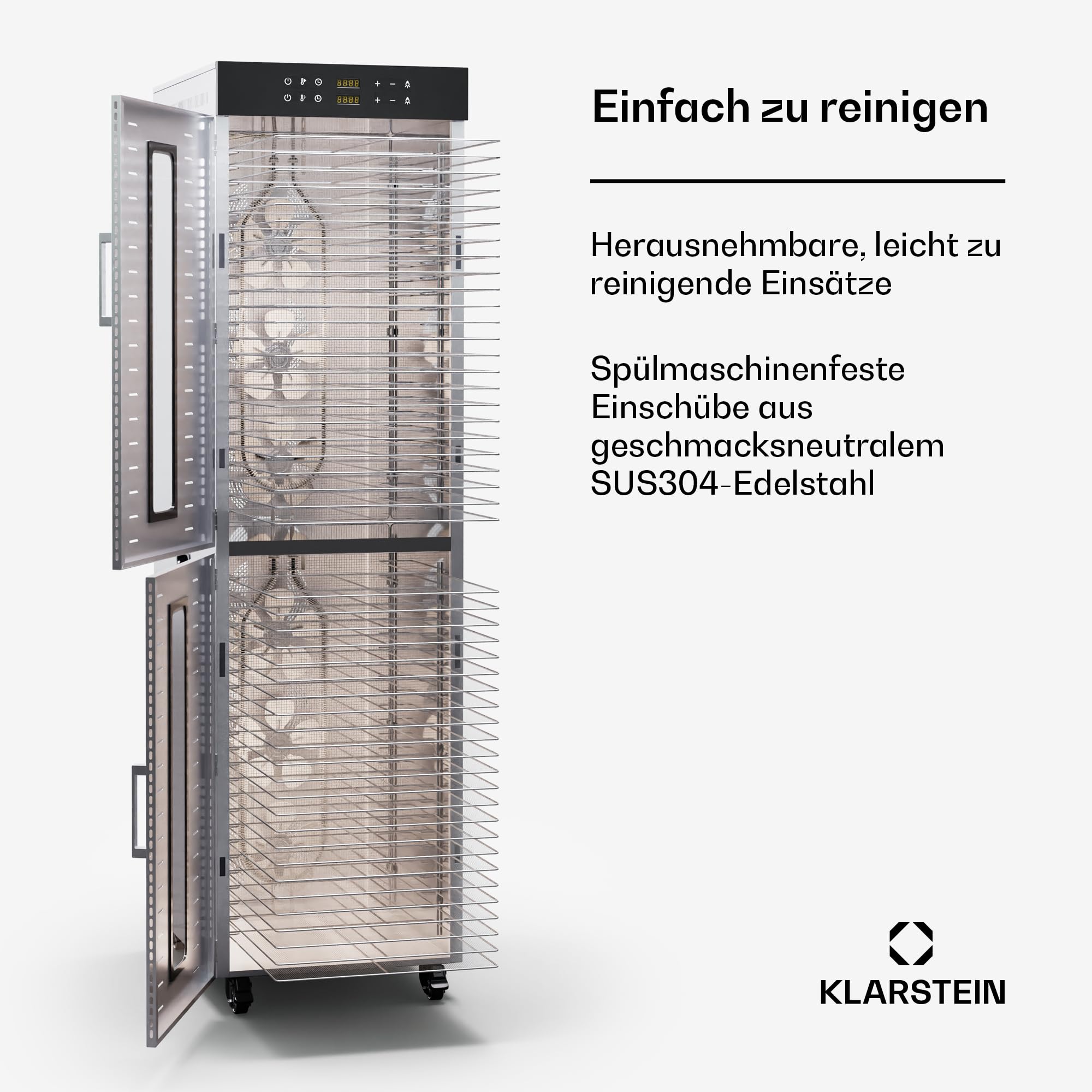Klarstein Dörrautomat Edelstahl – 4.000-W-Dörrgerät, 48 Edelstahl-Einlegeböden, 30–90 °C, 24-Stunden-Timer, 6 Ventilatoren, 2 Trockenkammern, 50–55 dB, ideal für Obst, Gemüse, Fleisch, Kräuter, Silber