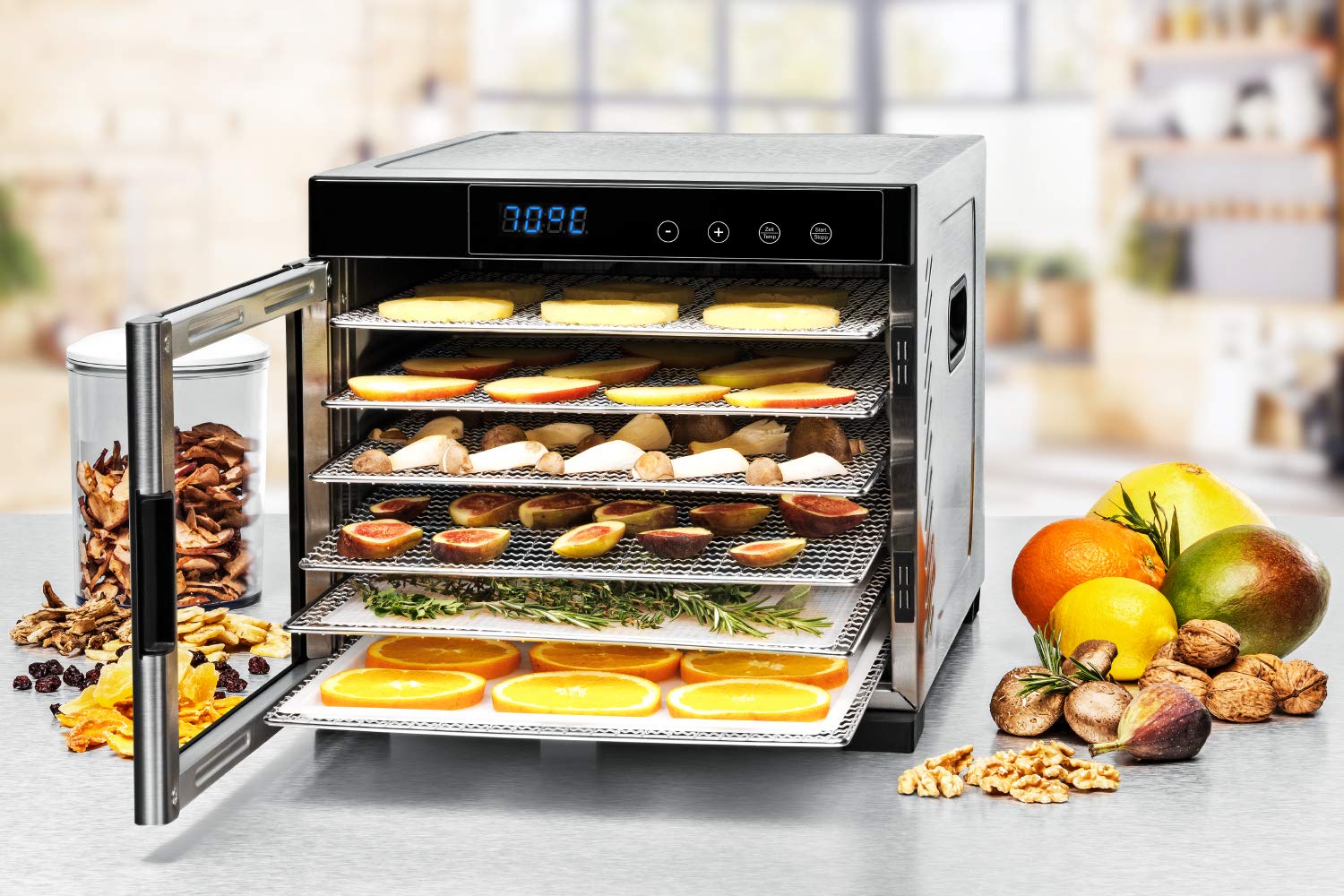 ROMMELSBACHER Dörrautomat DA 1000, XXL-Dörrfläche 1,6 m², inkl. 10 Edelstahl-Dörrtabletts, 2 Dörrgitter, 2 Dörrmatten, LED-Display, 24 Std. Zeitschaltuhr, Temperatur einstellbar (35 °C – 75 °C)