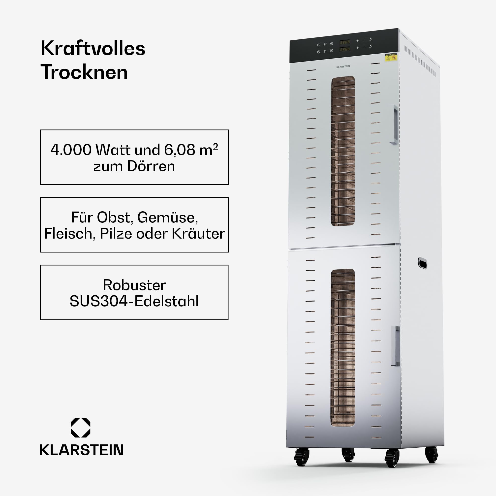 Klarstein Dörrautomat Edelstahl – 4.000-W-Dörrgerät, 48 Edelstahl-Einlegeböden, 30–90 °C, 24-Stunden-Timer, 6 Ventilatoren, 2 Trockenkammern, 50–55 dB, ideal für Obst, Gemüse, Fleisch, Kräuter, Silber