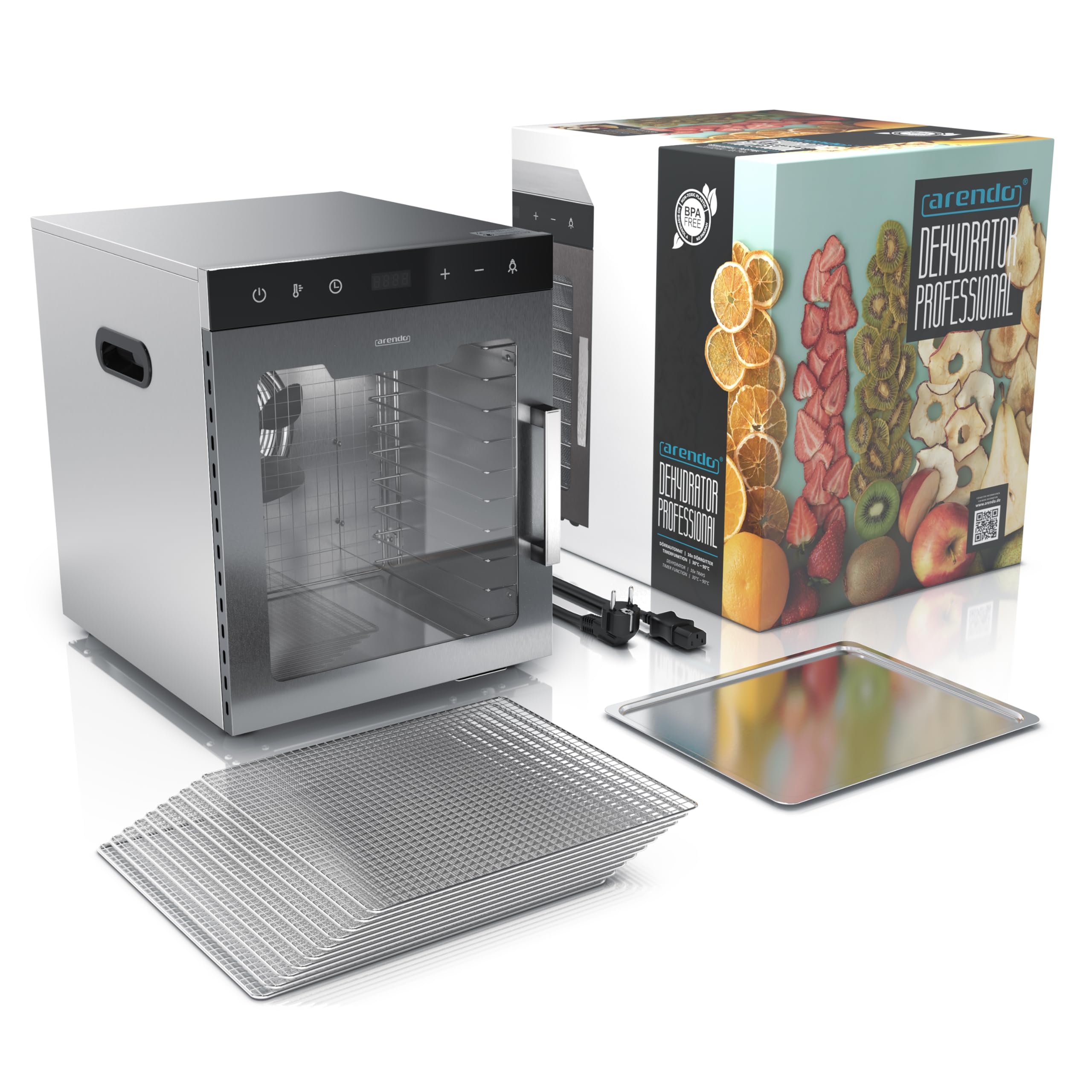 Arendo - Stainless steel dehydrator 8-fold - 500 watts with temperature control - dehydrator for food meat fruits fruit mushrooms - timer up to 24 hours - 8 compartments - GS - dehydrator