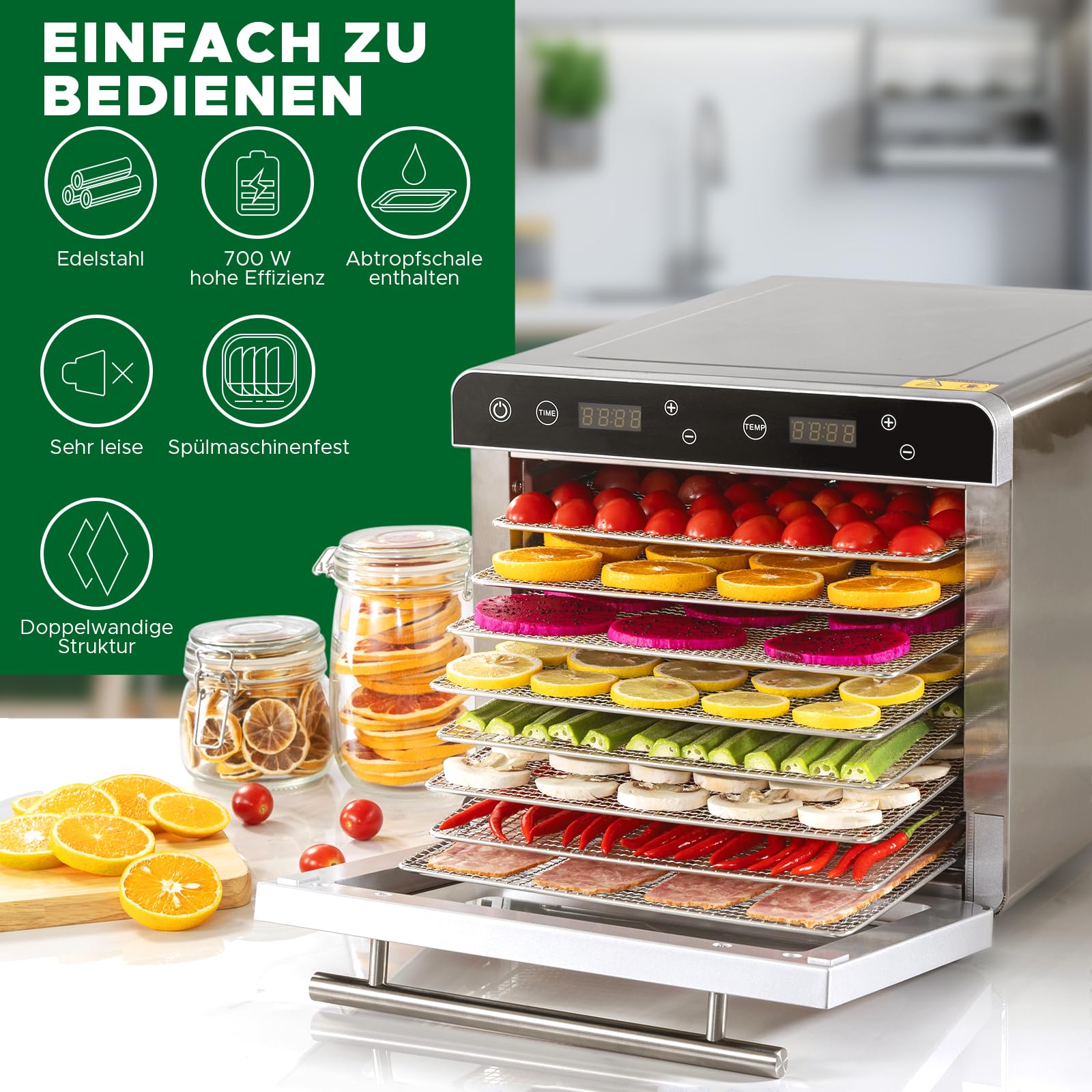 Kwasyo Dörrautomat Edelstahl Trockenkapazität 3,8 kg Rindfleisch, 0,67 m² Trockenfläche, 8 Edelstahl-Dörrtabletts (28x30 cm), 35-85°C Dörrgerät für Hundeleckerlis, Kräuter, Fleisch, Obst, Joghurt